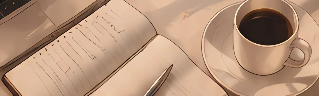Açık bir defter, kalem ve bir fincan kahve