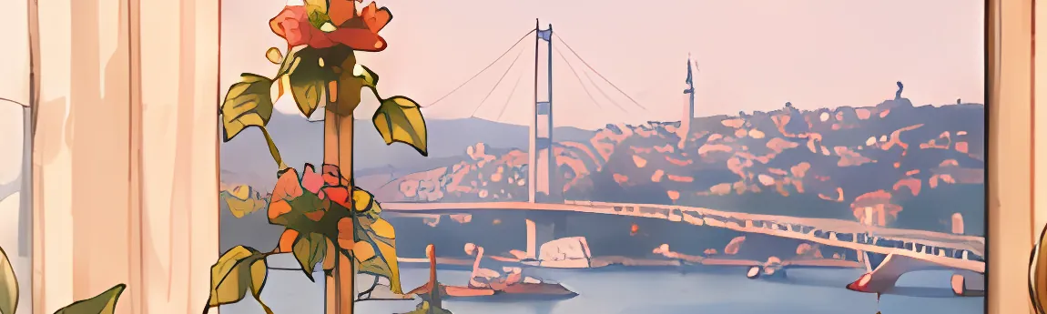 Çiçeklerle çevrili bir pencereden Boğaz Köprüsü ve deniz manzarası