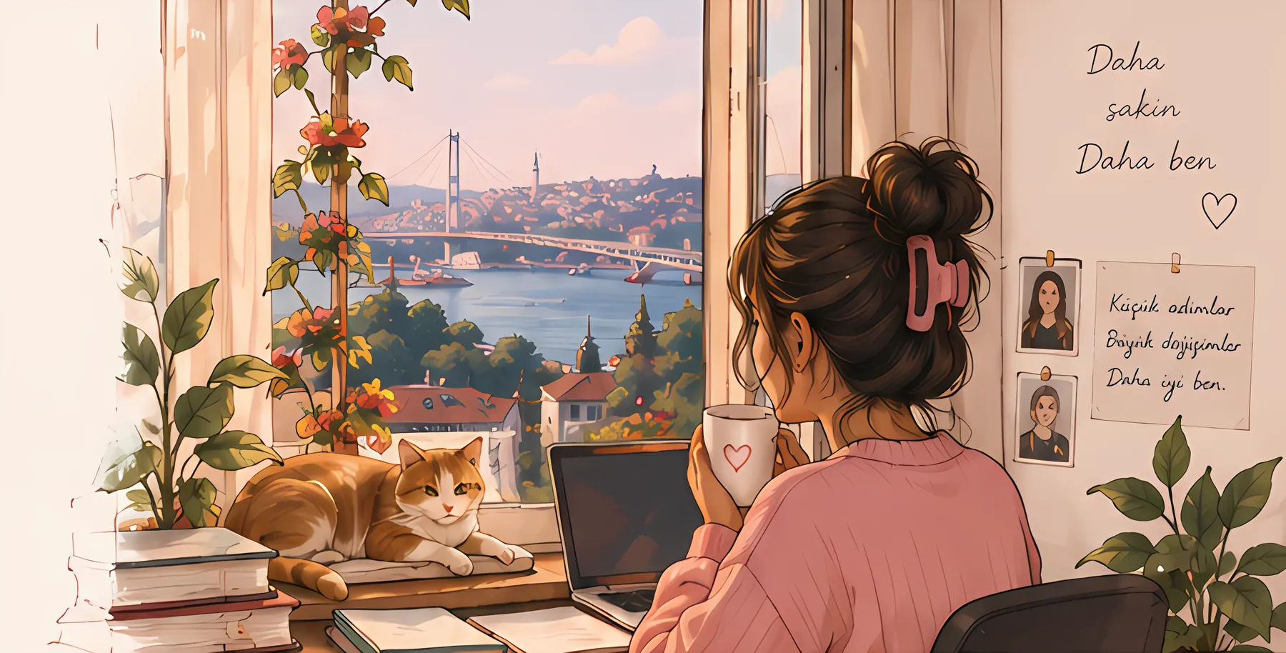 Pembe kazaklı bir kadın elinde kupasıyla pencereden Boğaz manzarasına bakıyor; pervazda bir kedi uyukluyor.